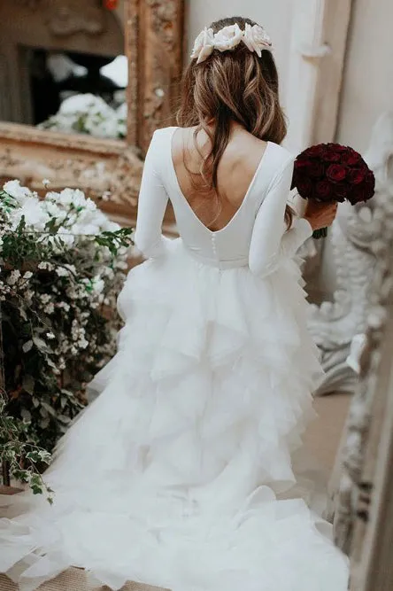 Long Sleeves A-Line Bateau Sweep Train Tulle Wedding Dress OHD047