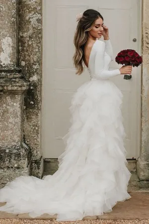 Long Sleeves A-Line Bateau Sweep Train Tulle Wedding Dress OHD047