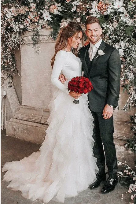 Long Sleeves A-Line Bateau Sweep Train Tulle Wedding Dress OHD047