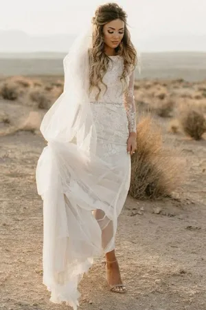 Long Sleeves Sheath Bateau Court Train Wedding Dress with Appliques OHD044