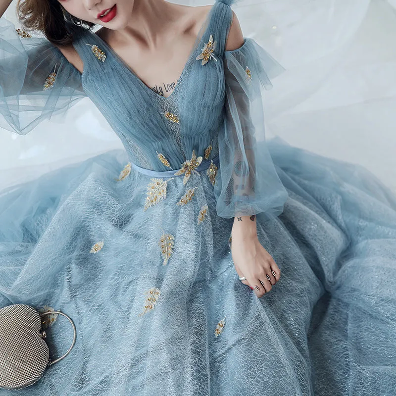Lovely Blue Long Sleeves Tulle Long Wedding Party Dresses, Blue Prom Dresses