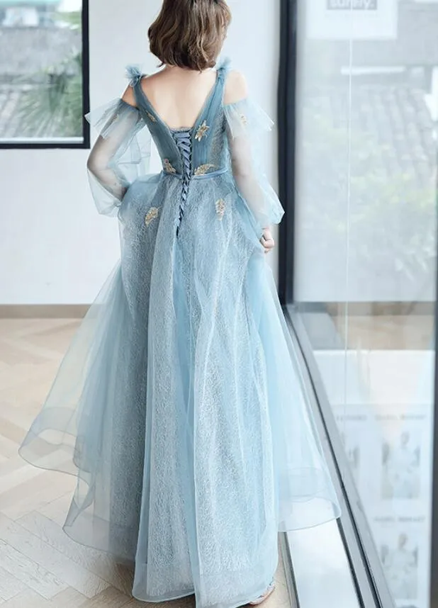 Lovely Blue Long Sleeves Tulle Long Wedding Party Dresses, Blue Prom Dresses