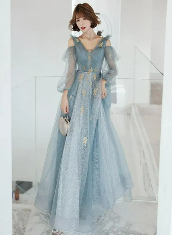 Lovely Blue Long Sleeves Tulle Long Wedding Party Dresses, Blue Prom Dresses