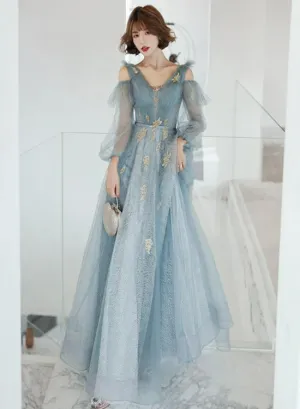 Lovely Blue Long Sleeves Tulle Long Wedding Party Dresses, Blue Prom Dresses