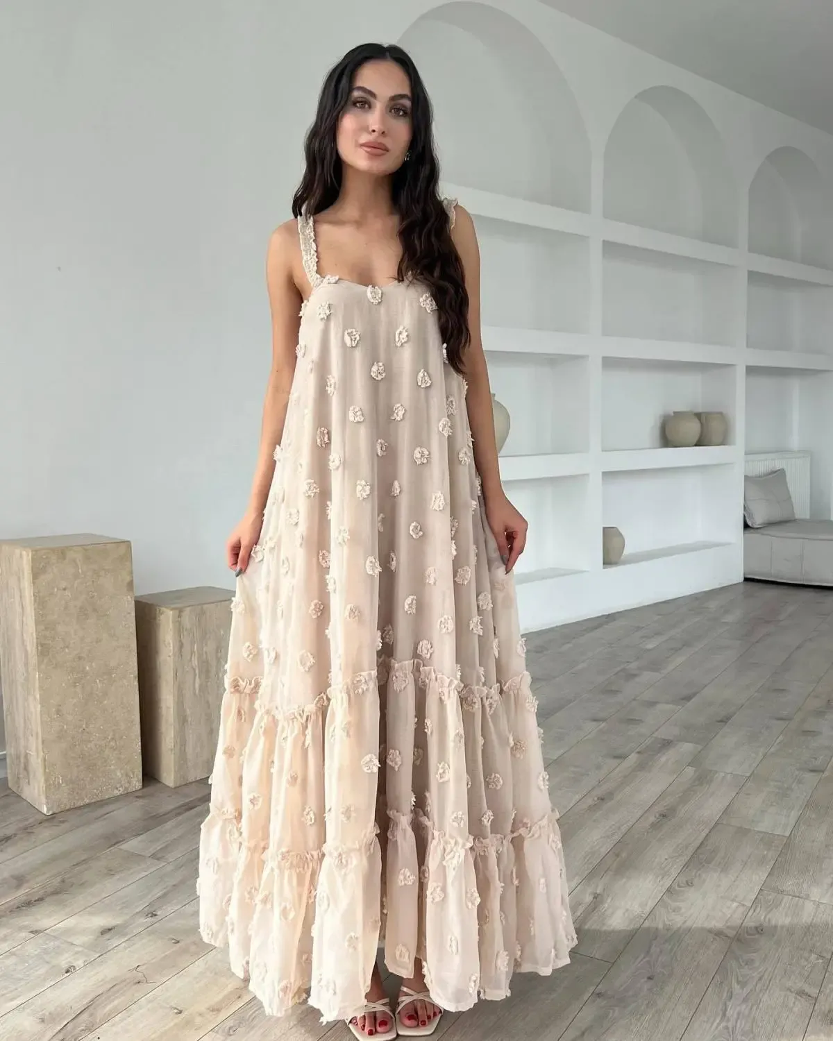 Maren Sleeveless Floral Appliqué Tiered Maxi Dress