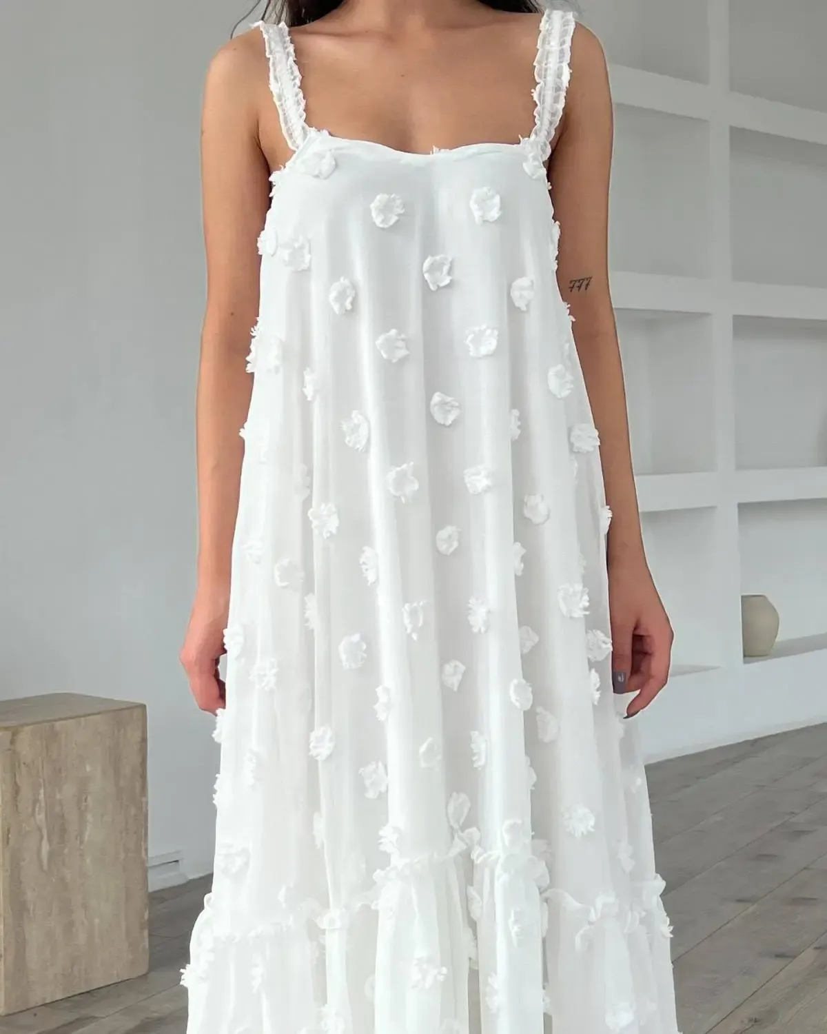 Maren Sleeveless Floral Appliqué Tiered Maxi Dress