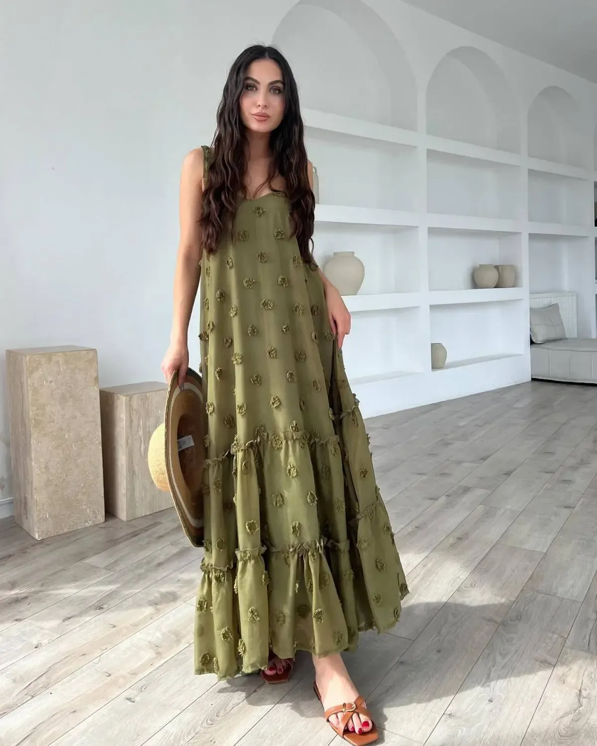 Maren Sleeveless Floral Appliqué Tiered Maxi Dress