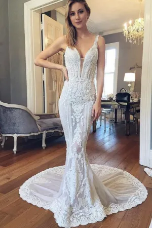 Mermaid V-Neck Backless Court Train White Wedding Dress with Appliques OHD012