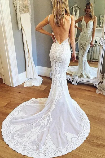 Mermaid V-Neck Backless Court Train White Wedding Dress with Appliques OHD012