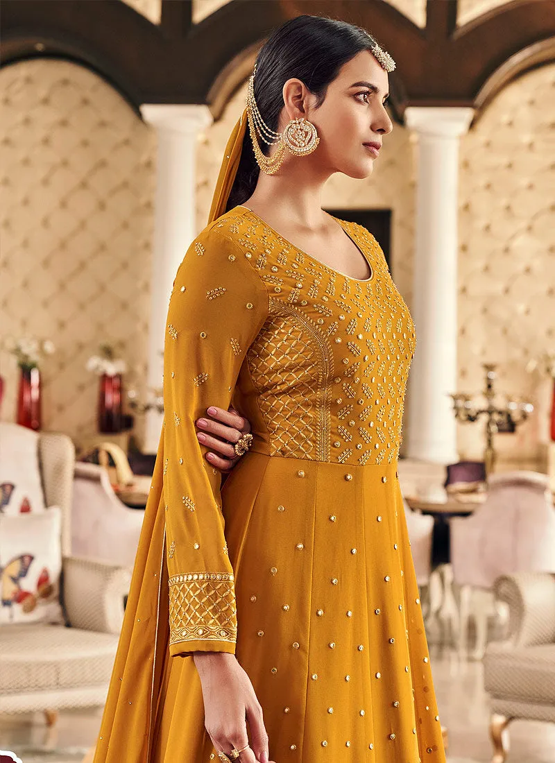 Mustard Yellow Embroidered Slit Style Anarkali Suit