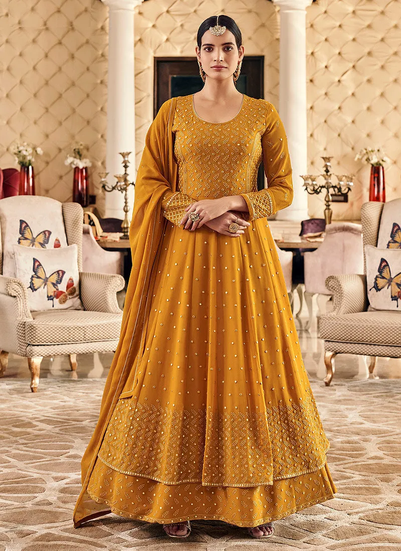 Mustard Yellow Embroidered Slit Style Anarkali Suit