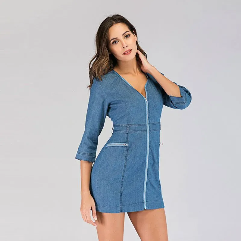Nadia Zip-Front 3/4 Sleeve Mini Denim Dress