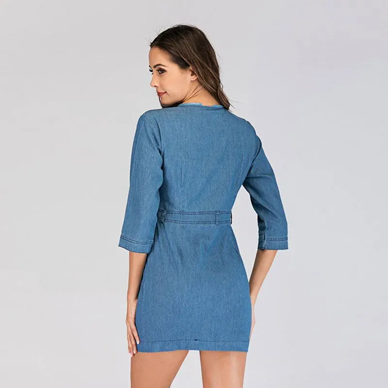 Nadia Zip-Front 3/4 Sleeve Mini Denim Dress