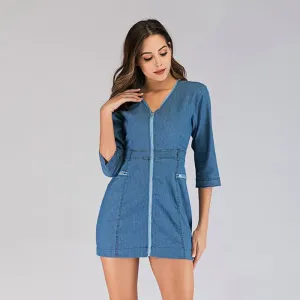 Nadia Zip-Front 3/4 Sleeve Mini Denim Dress