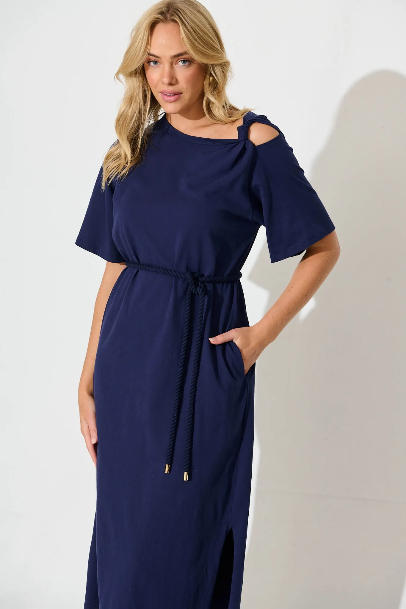 Navy Cotton Midi Dress - Ahreana