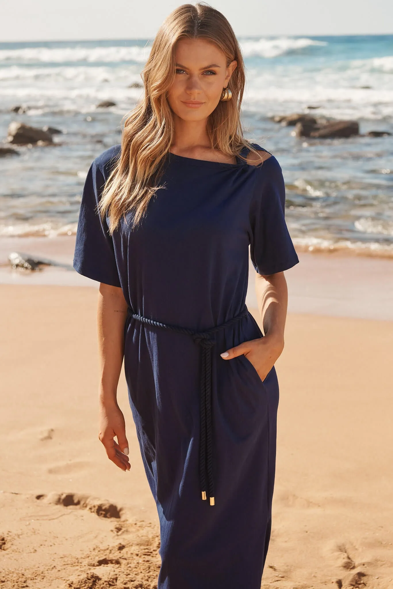 Navy Cotton Midi Dress - Ahreana