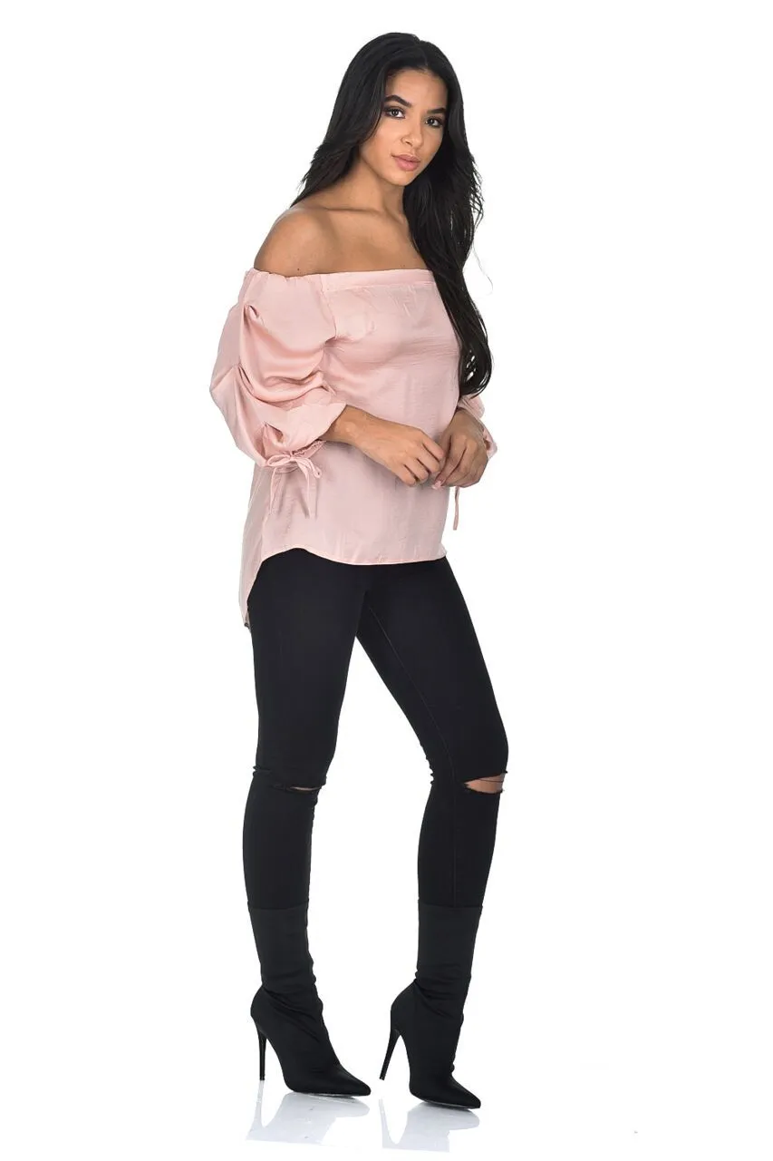 Nude Bardot Top With Ruched Sleeves