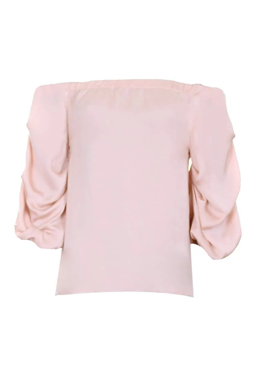 Nude Bardot Top With Ruched Sleeves