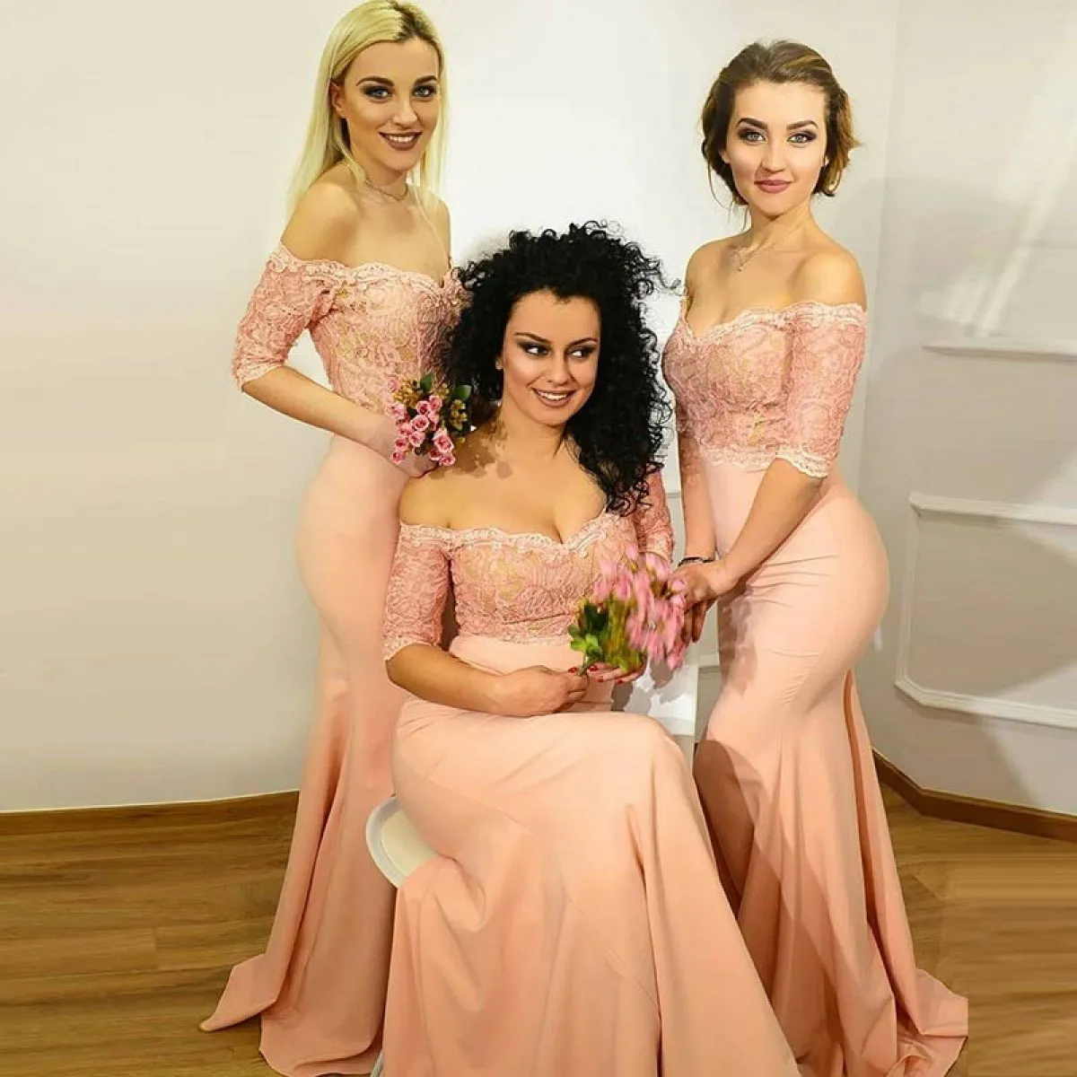 Off Shoulder Long Sleeve Lace Mermaid Long Bridesmaid Dresses, WGY0290