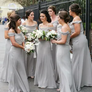 Off Shoulder Spahgetti Straps Grey Chiffon Long Bridesmaid Dresses Online, WGY0280
