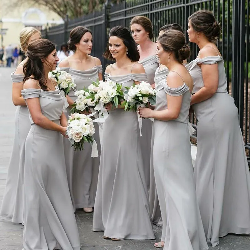 Off Shoulder Spahgetti Straps Grey Chiffon Long Bridesmaid Dresses Online, WGY0280