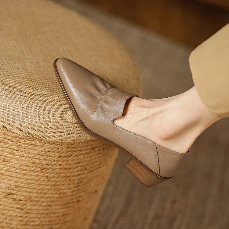 Off-White Beige Black Block Heel Soft Leather Loafers #001062