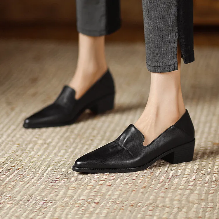 Off-White Beige Black Block Heel Soft Leather Loafers #001062