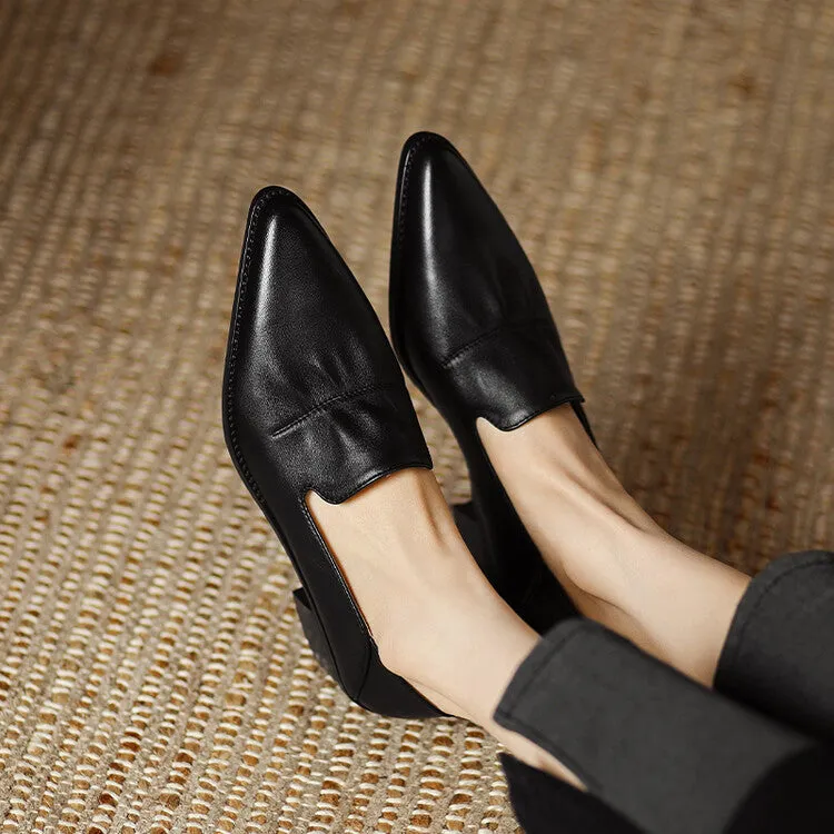 Off-White Beige Black Block Heel Soft Leather Loafers #001062