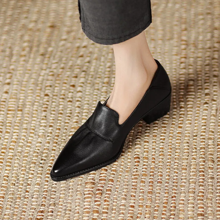 Off-White Beige Black Block Heel Soft Leather Loafers #001062