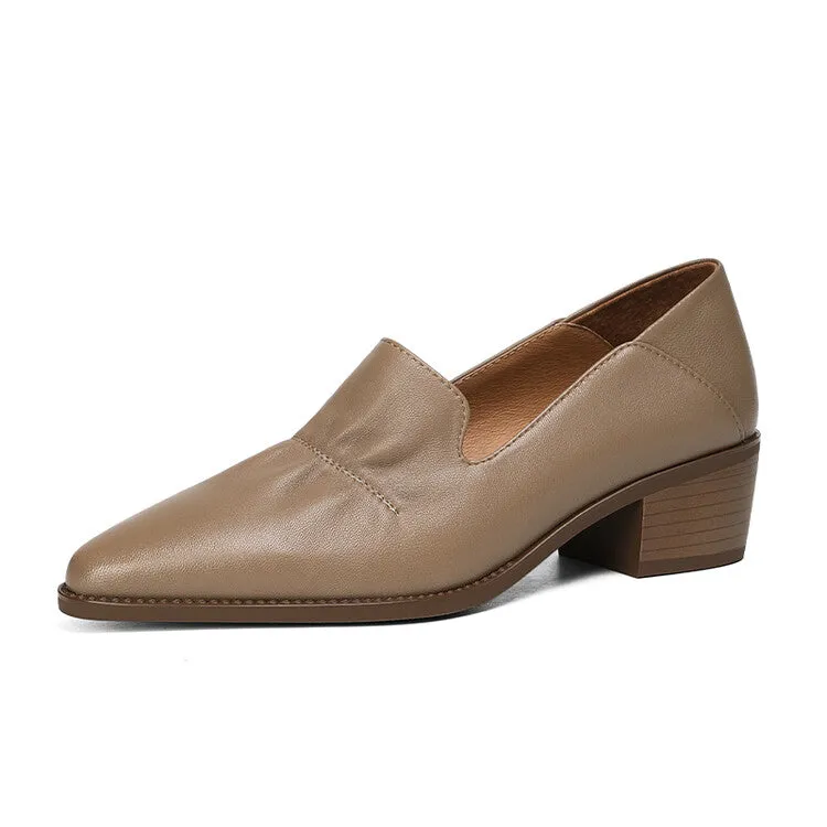 Off-White Beige Black Block Heel Soft Leather Loafers #001062