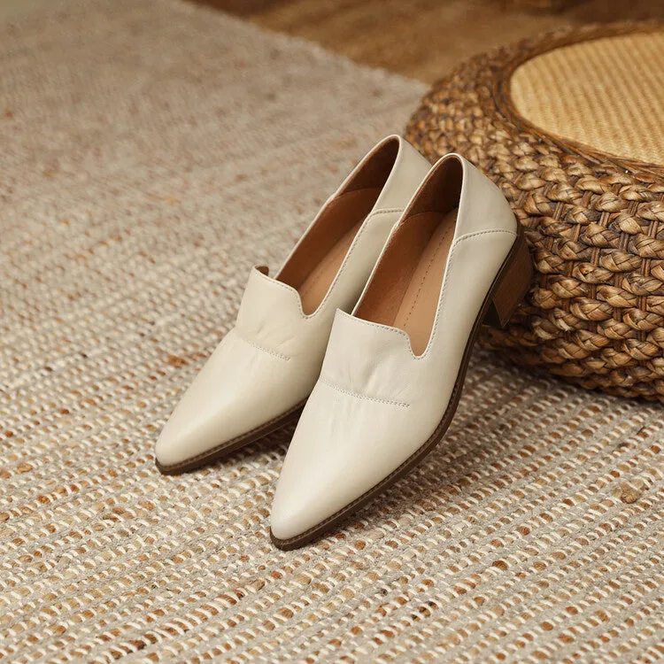 Off-White Beige Black Block Heel Soft Leather Loafers #001062
