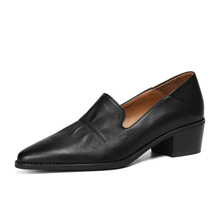 Off-White Beige Black Block Heel Soft Leather Loafers #001062