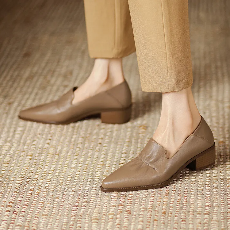 Off-White Beige Black Block Heel Soft Leather Loafers #001062