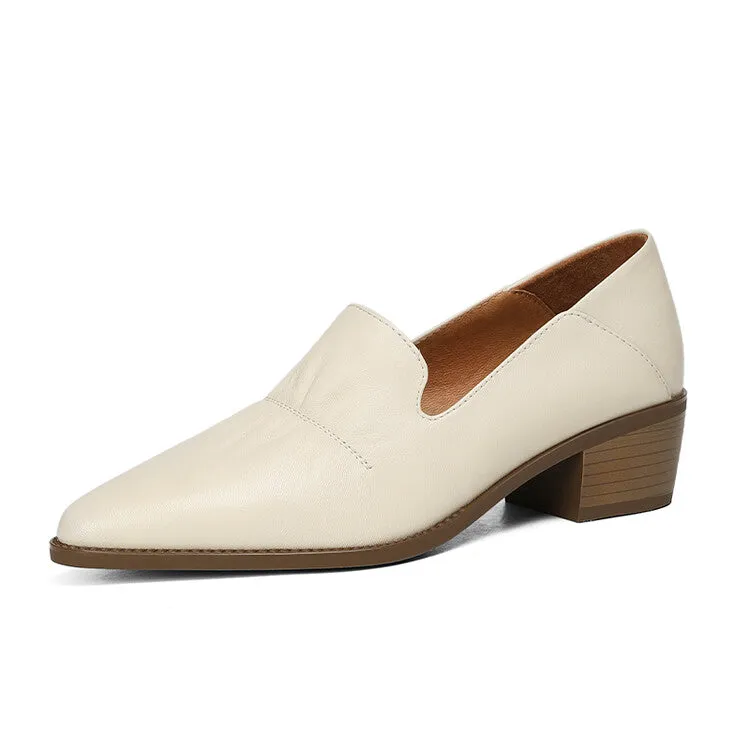 Off-White Beige Black Block Heel Soft Leather Loafers #001062