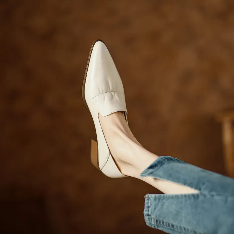 Off-White Beige Black Block Heel Soft Leather Loafers #001062