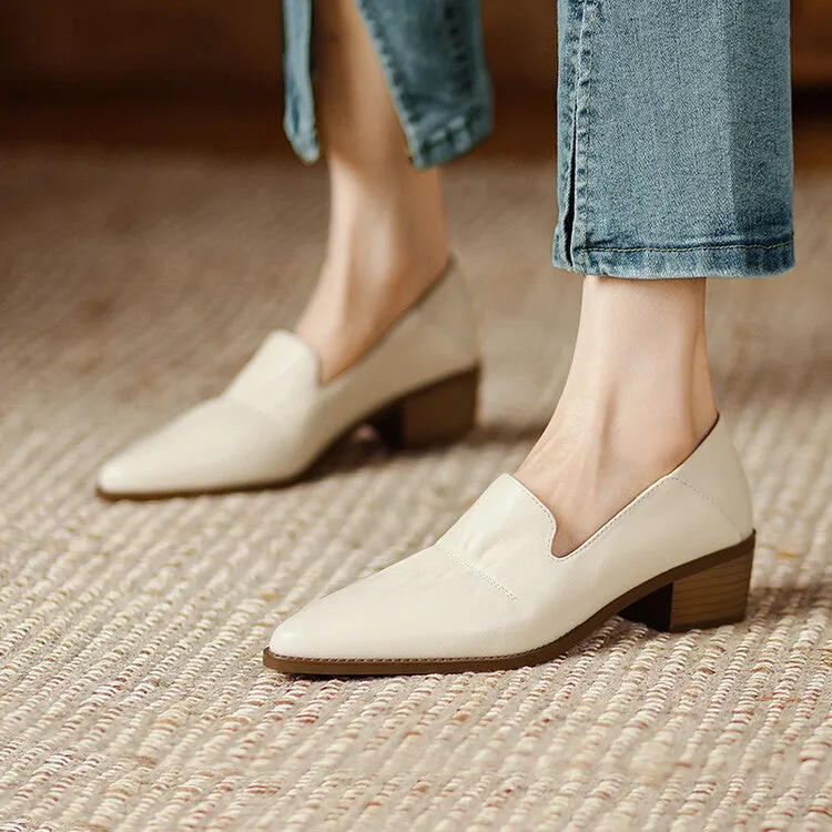 Off-White Beige Black Block Heel Soft Leather Loafers #001062