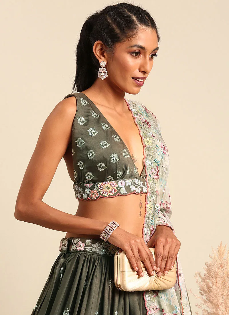 Olive Green Multi Embroidery Wedding Lehenga Choli