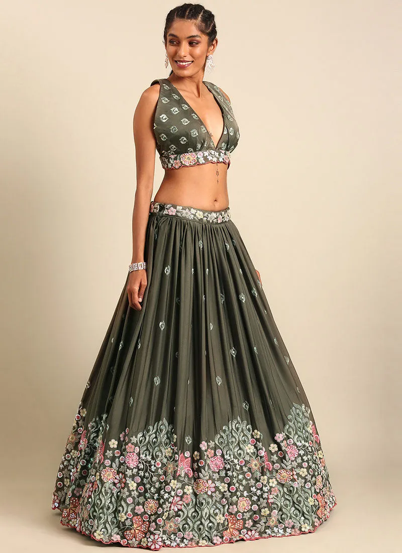Olive Green Multi Embroidery Wedding Lehenga Choli