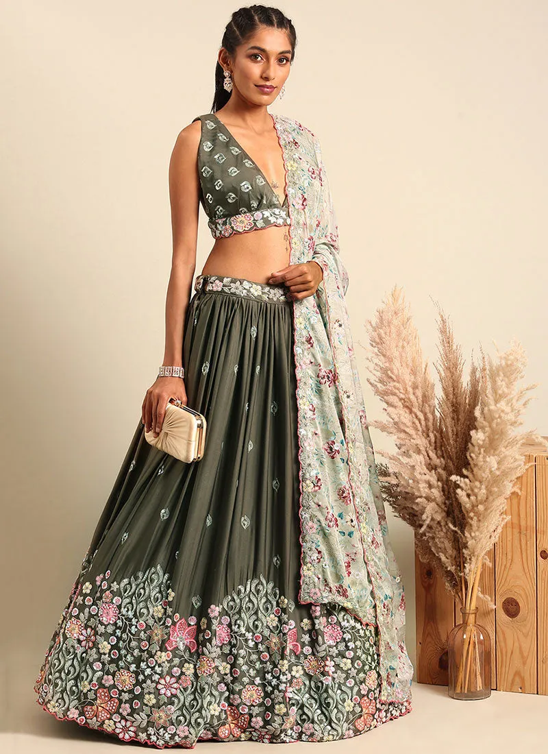 Olive Green Multi Embroidery Wedding Lehenga Choli