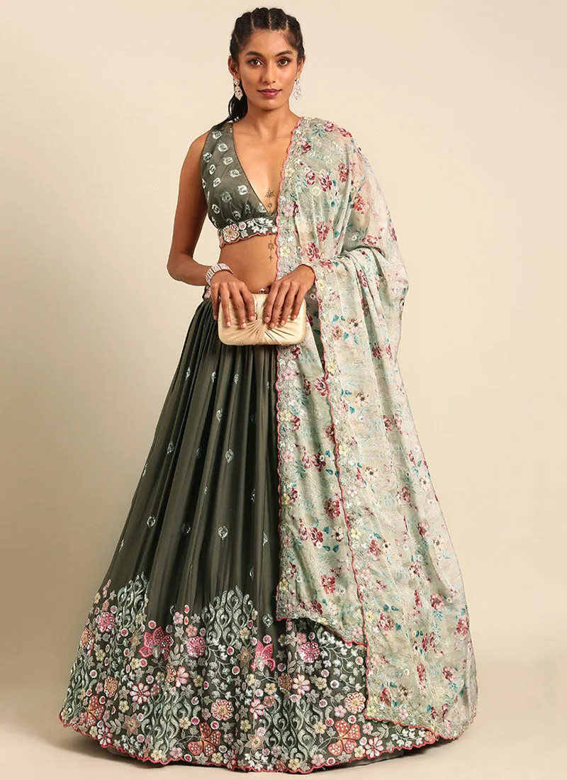 Olive Green Multi Embroidery Wedding Lehenga Choli