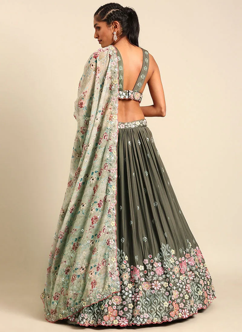 Olive Green Multi Embroidery Wedding Lehenga Choli
