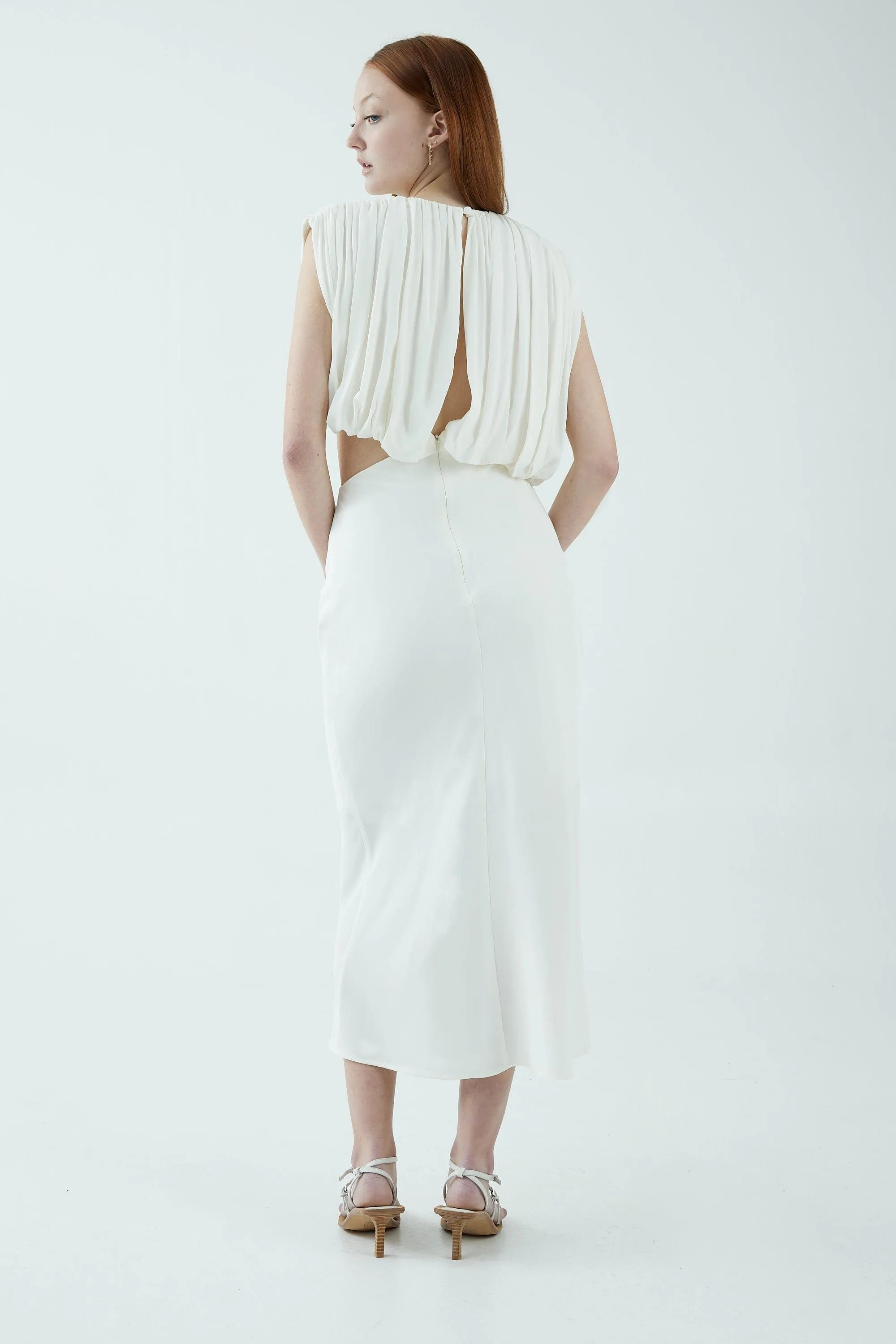 OVERFLOW DRAPE MIDI DRESS | OFF WHITE