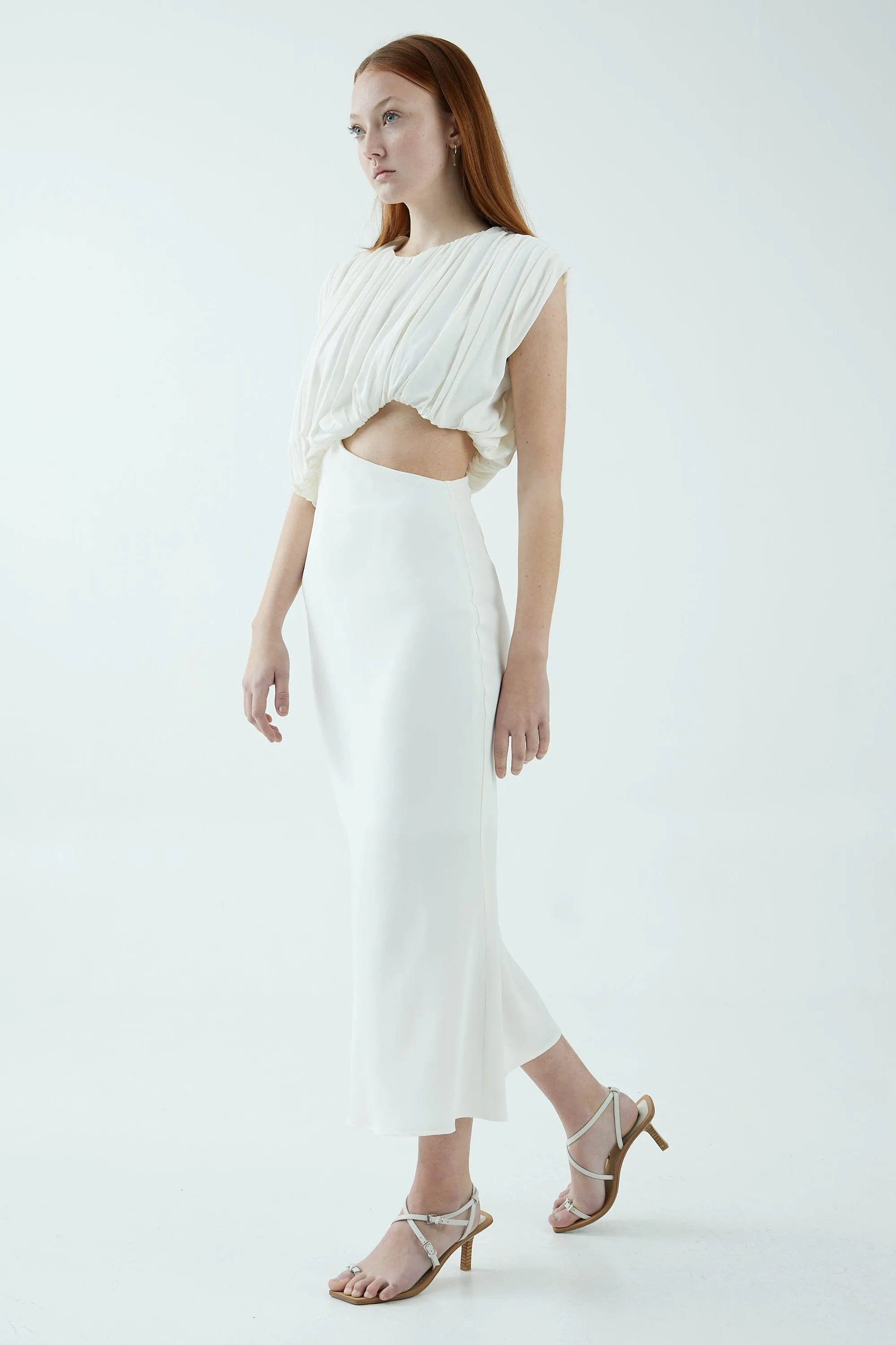 OVERFLOW DRAPE MIDI DRESS | OFF WHITE