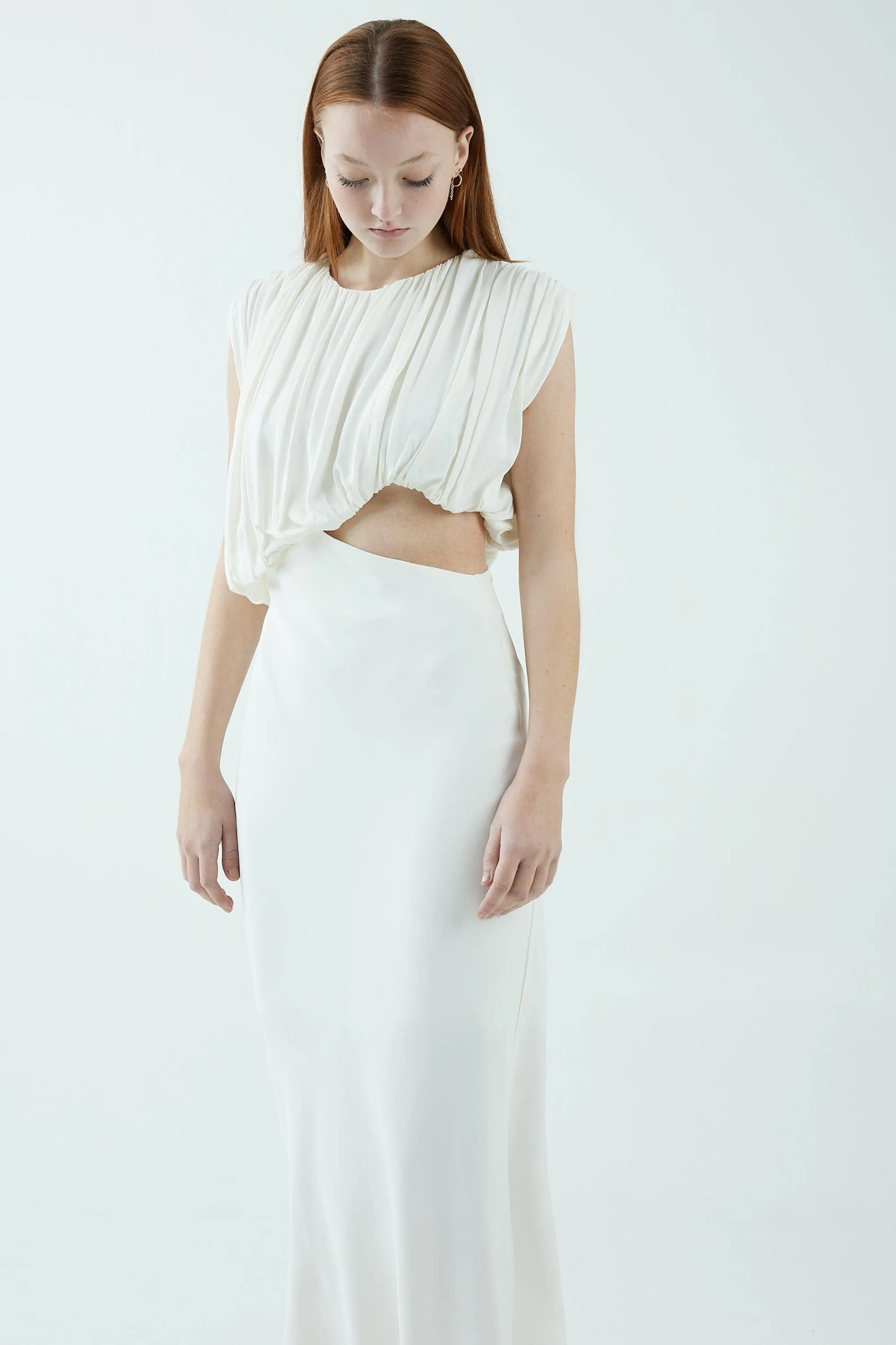 OVERFLOW DRAPE MIDI DRESS | OFF WHITE
