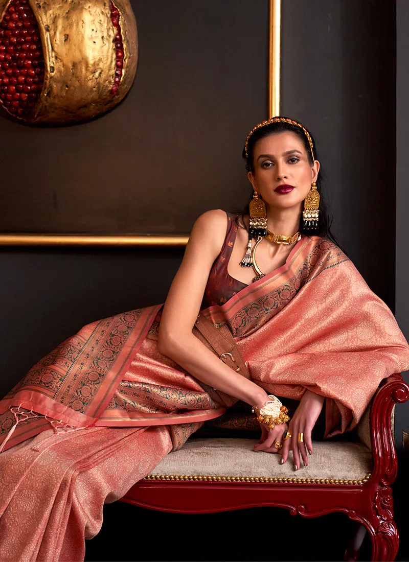 Peach And Brown Zari Weaved Handloom Silk Saree