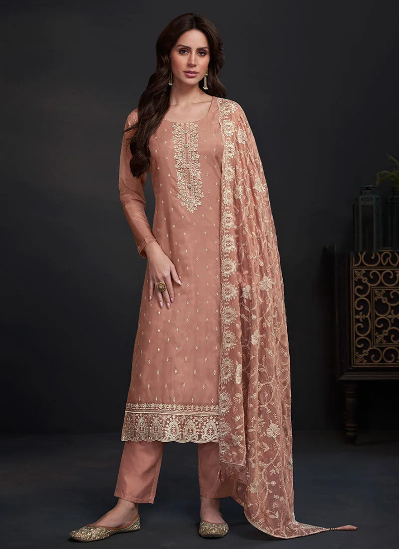 Peach Embroidery Straight Cut Pant Style Salwar Suit