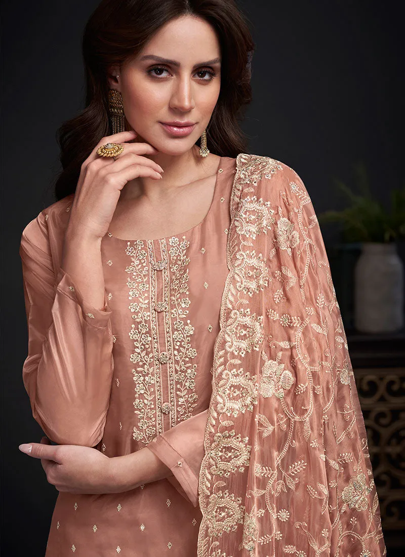 Peach Embroidery Straight Cut Pant Style Salwar Suit