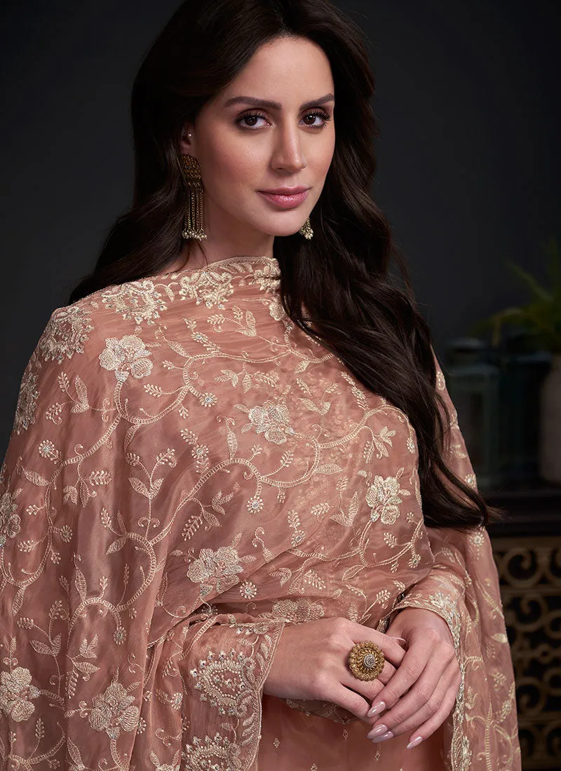 Peach Embroidery Straight Cut Pant Style Salwar Suit
