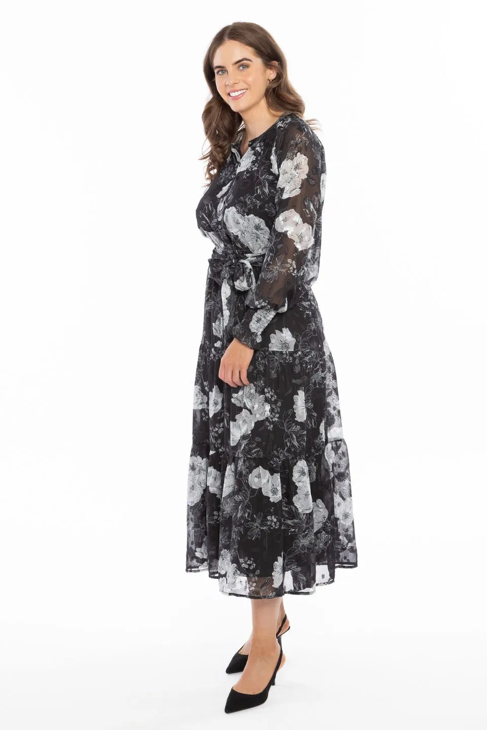 Perspective Large Black White Floral LS Tiered Maxi