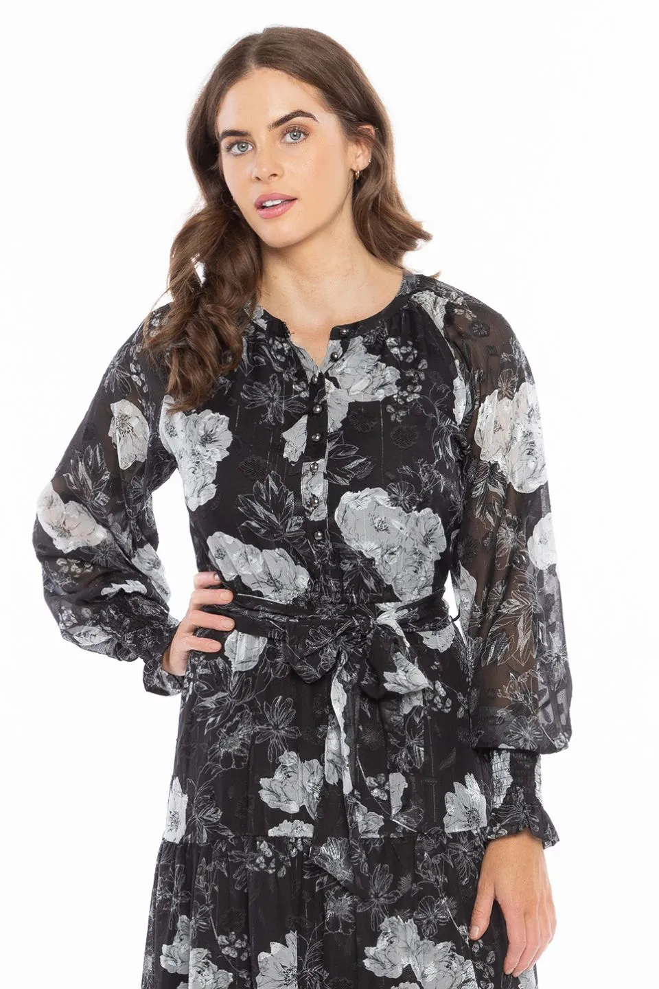 Perspective Large Black White Floral LS Tiered Maxi